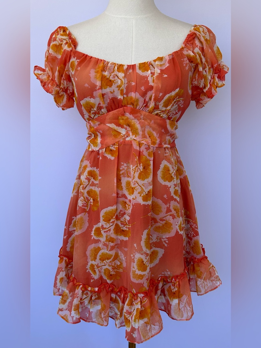 Sage + Paige Womenโs Puff Sleeve Floral Mini Dress Sweetheart Neckline Size XS